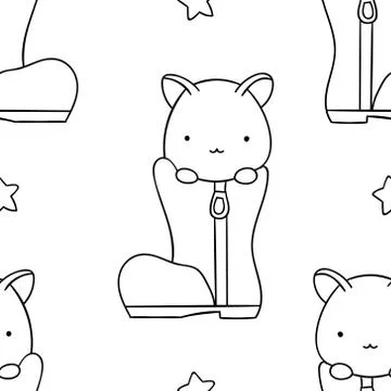 Simple seamless pattern, black and white cute kawaii hand drawn cat doodles,  Stock Illustration