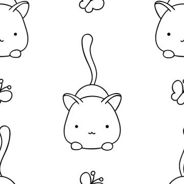 Simple seamless pattern, black and white cute kawaii hand drawn cat doodles,  Stock Illustration