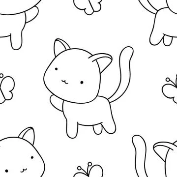 Simple seamless pattern, black and white cute kawaii hand drawn cat doodles,  Stock Illustration