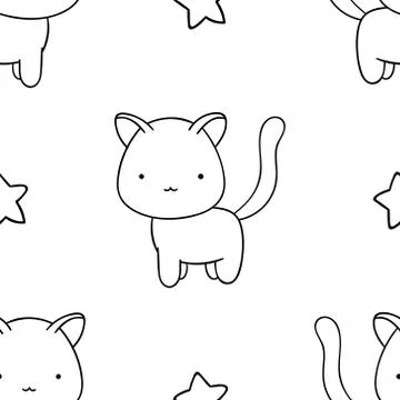 Simple seamless pattern, black and white cute kawaii hand drawn cat doodles,  Stock Illustration