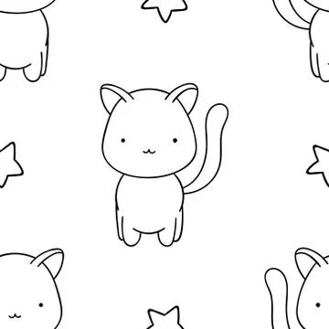 Simple seamless pattern, black and white cute kawaii hand drawn cat doodles,  Stock Illustration