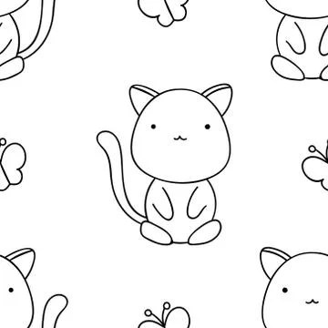 Simple seamless pattern, black and white cute kawaii hand drawn cat doodles,  Stock Illustration