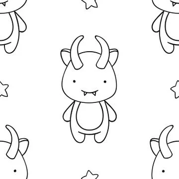 Simple seamless pattern, black and white cute kawaii hand drawn monster doodl Stock Illustration