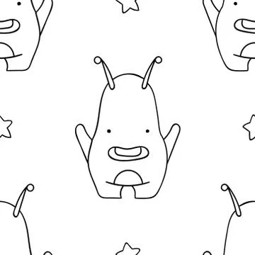 Simple seamless pattern, black and white cute kawaii hand drawn monster doodl Stock Illustration