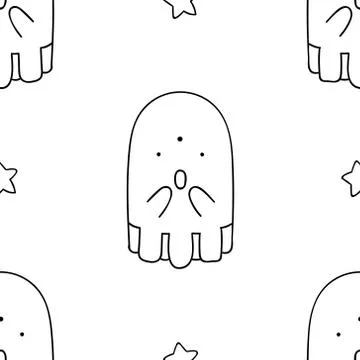 Simple seamless pattern, black and white cute kawaii hand drawn monster doodl Stock Illustration
