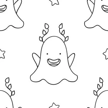 Simple seamless pattern, black and white cute kawaii hand drawn monster doodl Illustrazione stock