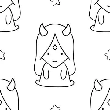 Simple seamless pattern, black and white cute kawaii hand drawn monster doodl Stock Illustration