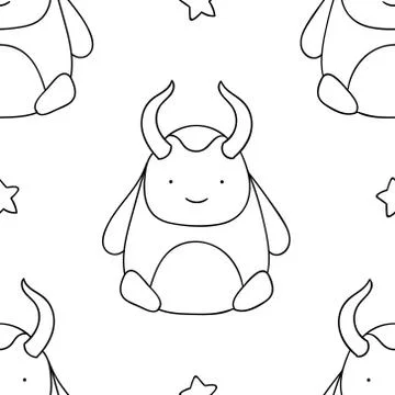 Simple seamless pattern, black and white cute kawaii hand drawn monster doodl Stock Illustration