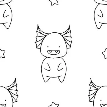 Simple seamless pattern, black and white cute kawaii hand drawn monster doodl Stock Illustration