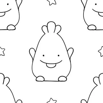 Simple seamless pattern, black and white cute kawaii hand drawn monster doodl Stock Illustration