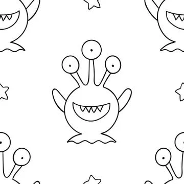 Simple seamless pattern, black and white cute kawaii hand drawn monster doodl Stock Illustration