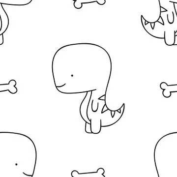 Simple seamless pattern, black and white cute kawaii hand drawn dinosaur dood Stock Illustration