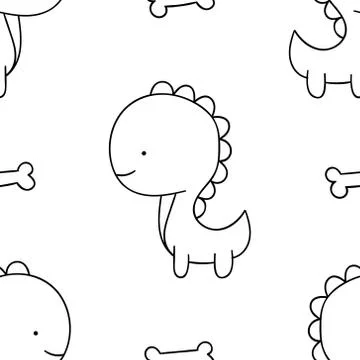 Simple seamless pattern, black and white cute kawaii hand drawn dinosaur dood Stock Illustration