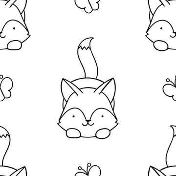 Simple seamless pattern, black and white cute kawaii hand drawn wolf doodles, Stock Illustration