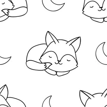 Simple seamless pattern, black and white cute kawaii hand drawn wolf doodles, Stock Illustration