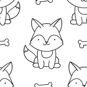 Simple seamless pattern, black and white cute kawaii hand drawn wolf doodles, Stock Illustration