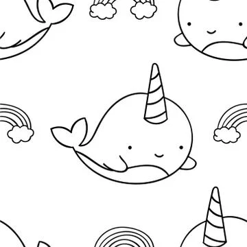 Simple seamless pattern, black and white cute kawaii hand drawn narwhal doodl Illustrazione stock