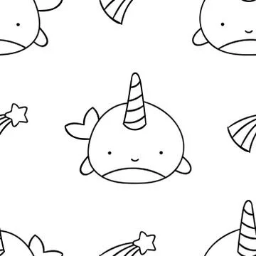 Simple seamless pattern, black and white cute kawaii hand drawn narwhal doodl Stock Illustration