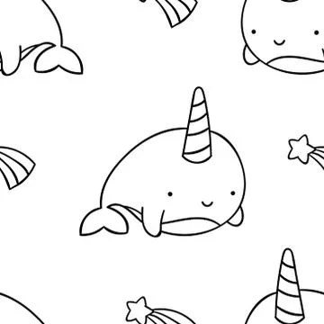 Simple seamless pattern, black and white cute kawaii hand drawn narwhal doodl Stock Illustration