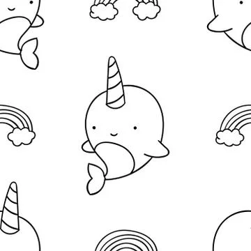 Simple seamless pattern, black and white cute kawaii hand drawn narwhal doodl Stock Illustration
