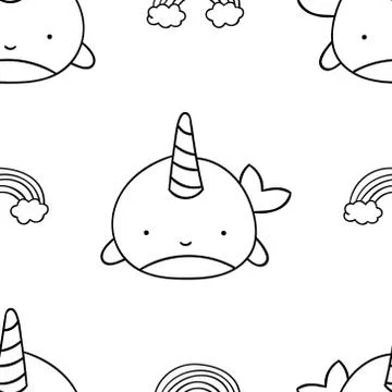 Simple seamless pattern, black and white cute kawaii hand drawn narwhal doodl Stock Illustration