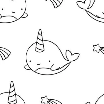 Simple seamless pattern, black and white cute kawaii hand drawn narwhal doodl Stock Illustration
