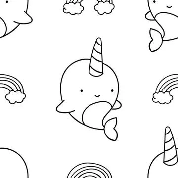 Simple seamless pattern, black and white cute kawaii hand drawn narwhal doodl Stock Illustration