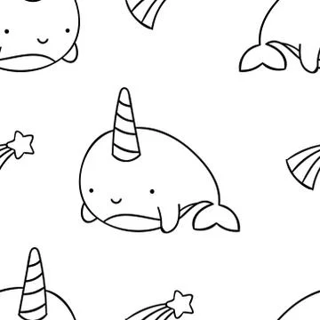 Simple seamless pattern, black and white cute kawaii hand drawn narwhal doodl Illustrazione stock