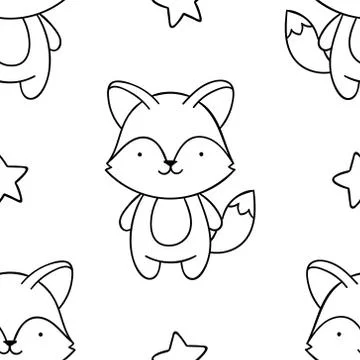 Simple seamless pattern, black and white cute kawaii hand drawn fox doodles,  Stock Illustration