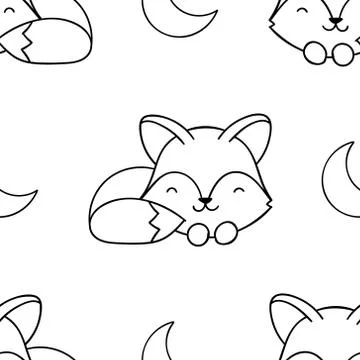 Simple seamless pattern, black and white cute kawaii hand drawn fox doodles,  Stock Illustration