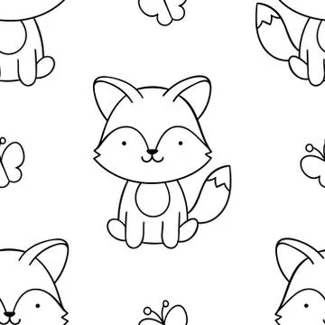 Simple seamless pattern, black and white cute kawaii hand drawn fox doodles,  Stock Illustration
