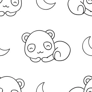 Simple seamless pattern, black and white cute kawaii hand drawn panda doodles Stock Illustration