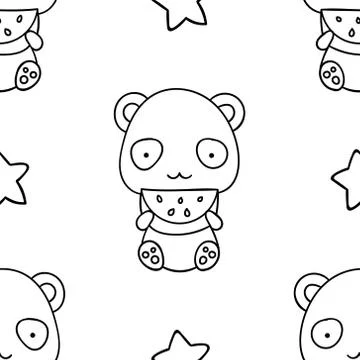 Simple seamless pattern, black and white cute kawaii hand drawn panda doodles Illustrazione stock