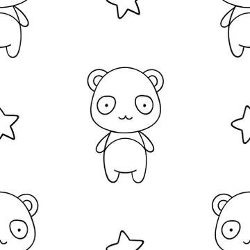 Simple seamless pattern, black and white cute kawaii hand drawn panda doodles Stock Illustration