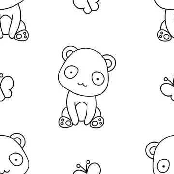 Simple seamless pattern, black and white cute kawaii hand drawn panda doodles Stock Illustration