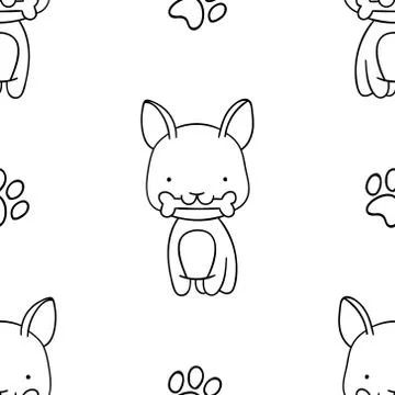 Simple seamless pattern, black and white cute kawaii hand drawn dog doodles,  Stock Illustration