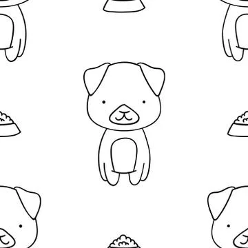 Simple seamless pattern, black and white cute kawaii hand drawn dog doodles,  Stock Illustration