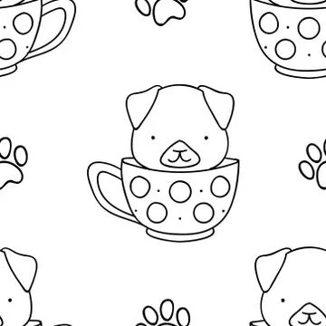 Simple seamless pattern, black and white cute kawaii hand drawn dog doodles,  Stock Illustration