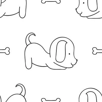 Simple seamless pattern, black and white cute kawaii hand drawn dog doodles,  Stock Illustration