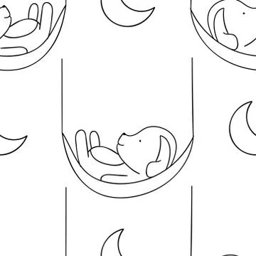 Simple seamless pattern, black and white cute kawaii hand drawn dog doodles,  Stock Illustration