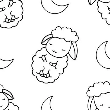 Simple seamless pattern, black and white cute kawaii hand drawn sheep doodles Stock Illustration
