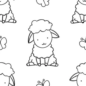 Simple seamless pattern, black and white cute kawaii hand drawn sheep doodles Stock Illustration