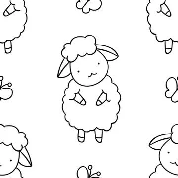 Simple seamless pattern, black and white cute kawaii hand drawn sheep doodles Stock Illustration