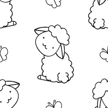 Simple seamless pattern, black and white cute kawaii hand drawn sheep doodles Stock Illustration