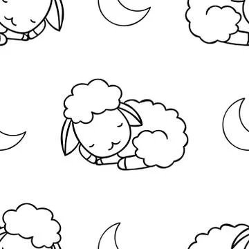 Simple seamless pattern, black and white cute kawaii hand drawn sheep doodles Stock Illustration