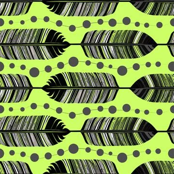 Simple seamless pattern of black and gray bird feathers and beads on a gree.. Stock Illustration