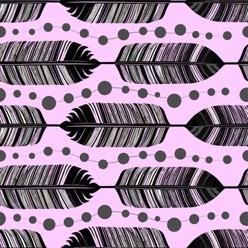 Simple seamless pattern of black and gray bird feathers and beads on a pink.. Stock Illustration