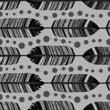 Simple seamless pattern of black and gray bird feathers and beads on a gray.. Stock Illustration