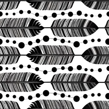 Simple seamless pattern of black and gray bird feathers and beads on a whit.. Stock Illustration