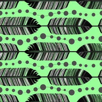 Simple seamless pattern of black and gray bird feathers and beads on a gree.. Stock Illustration